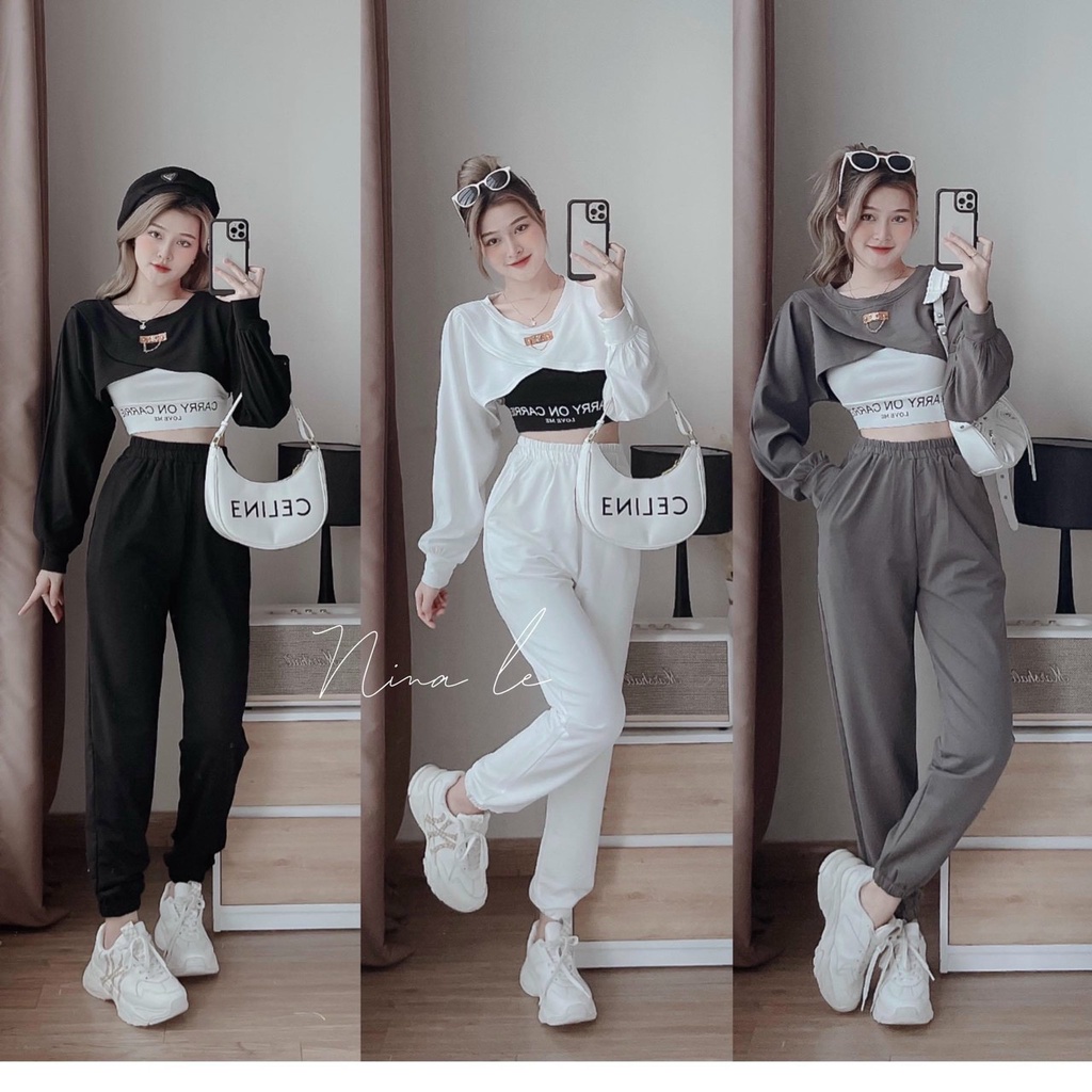 (FreeShip 2022) Sét bộ nữ 3 món,bộ thể thao ống bo có túi,chất cotton xịn chuẩn shop có tang gài áo,lên from siêu xinh