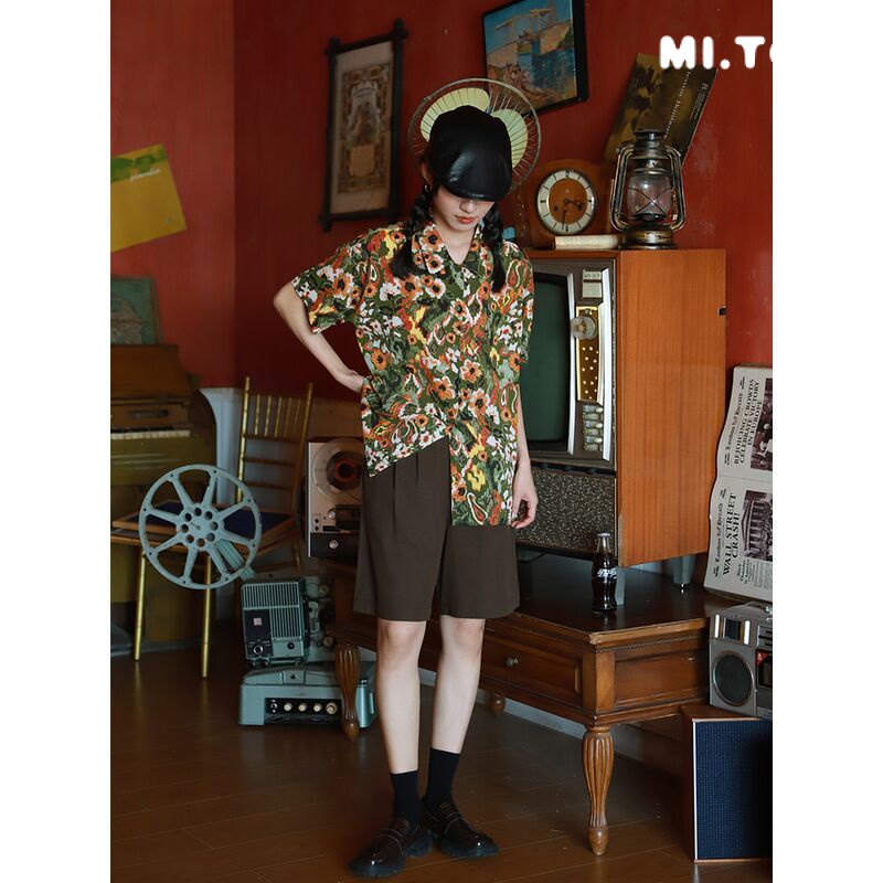 Áo Sơ Mi Tay Ngắn Dáng Rộng In Họa Tiết Phong Cách Retro Thời Trang Cho Nữ