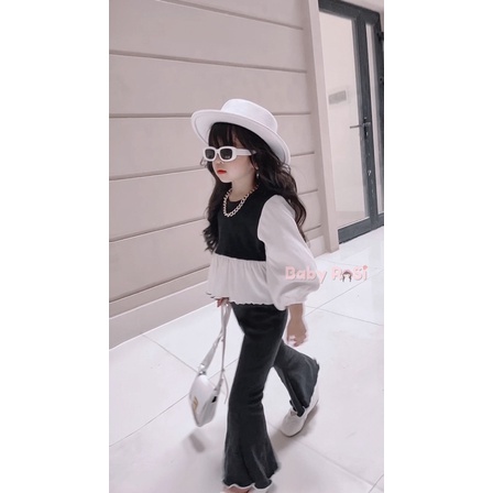 Sét áo tay phồng kèm quần ống loe thun gân cho bé gái