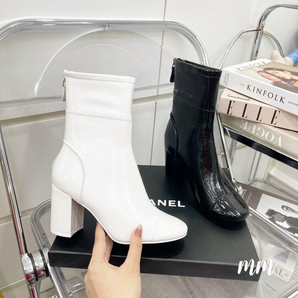 Bốt da lì khóa sau,💖FREESHIP💖,Full hộp 2 màu đen kem