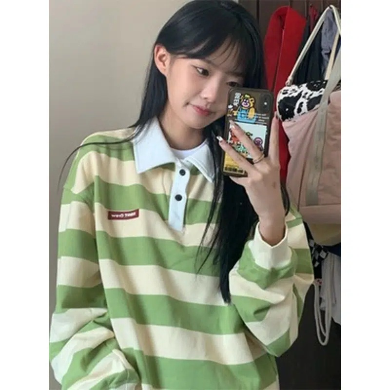 Áo Thun Sweater Tay Dài Kẻ Sọc Màu Xanh Lá Thời Trang Xuân Thu Cho Nữ