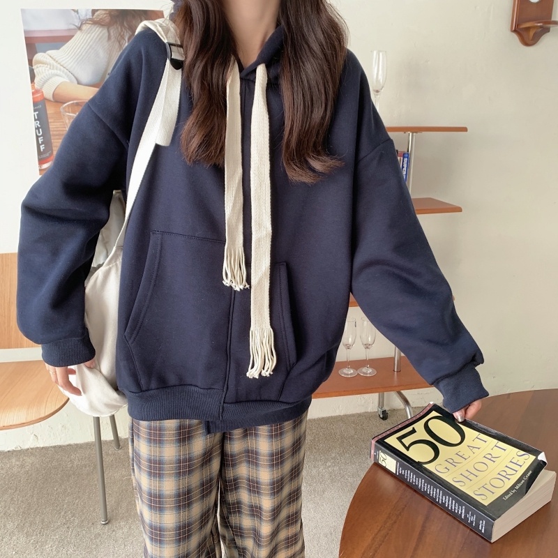 ZHELIHANGFEI Áo Hoodie Thể Thao Dáng Rộng Phong Cách Preppy Đơn Giản Dễ Phối Đồ