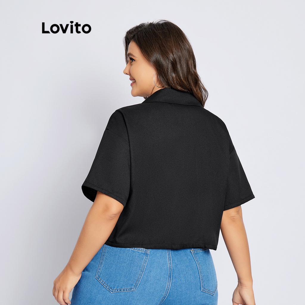 Áo Lovito plus size màu trơn cổ chữ V có nút phong cách thường ngày cho nữ LPS04001 (màu đen)