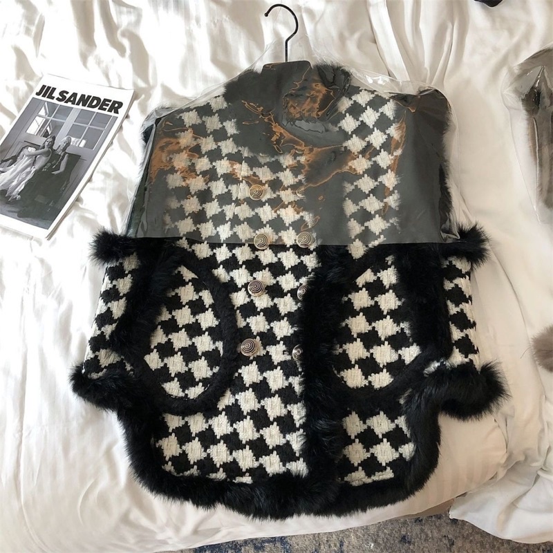 Áo khoác gilê lông hai lớp cổ tròn mùa đông ấm áp phong cách Hàn Quốc