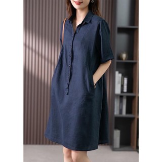 Đầm suông công sở Linen bột Premium cổ đức túi bổ cơi, form suông không kén dấng mặc - Xanh than
