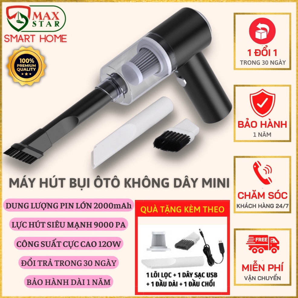 Máy Hút Bụi Cầm Tay Không Dây Công Suất 120W Hút Cực Mạnh, Dung Lượng Pin Lớn 2000, Sạc Cáp USB Tiện Dụng, Hiệu Quả, Bền