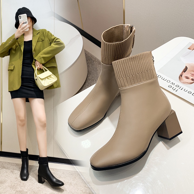 Giày Bốt Da Dệt Cổ Cao Mũi Nhọn Thoải Mái Thời Trang Cho Nữ Giày Boots Đế Dày Thời Trang Cá Tính Cho Nữ