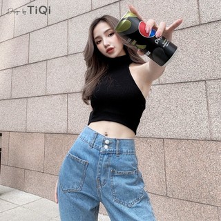 Áo croptop cổ lọ vải thun cotton cổ tròn đen trắng TiQi Jeans A105
