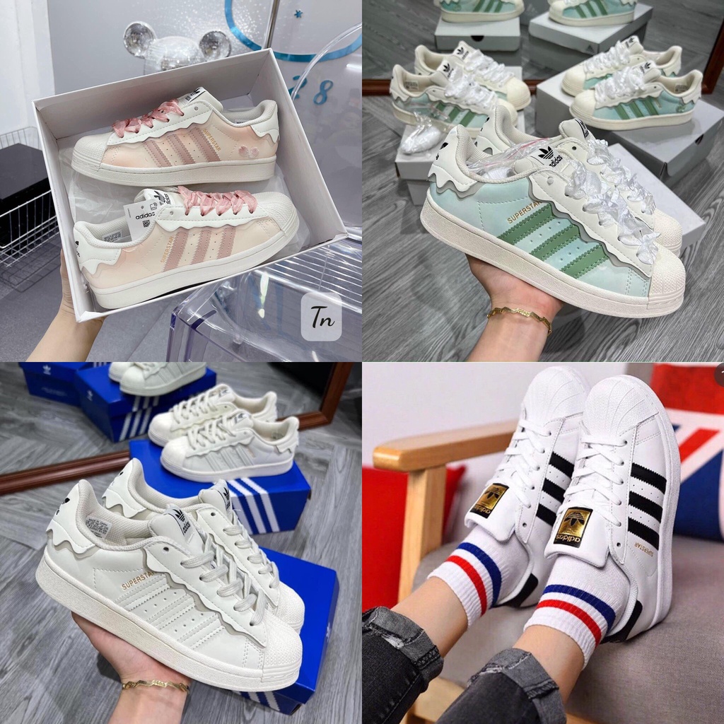 Giày thể thao adidas superstar hồng + xanh kem trắng, giầy das sò 3 sọc hồng, xanh nữ cực chất hot trend 2022