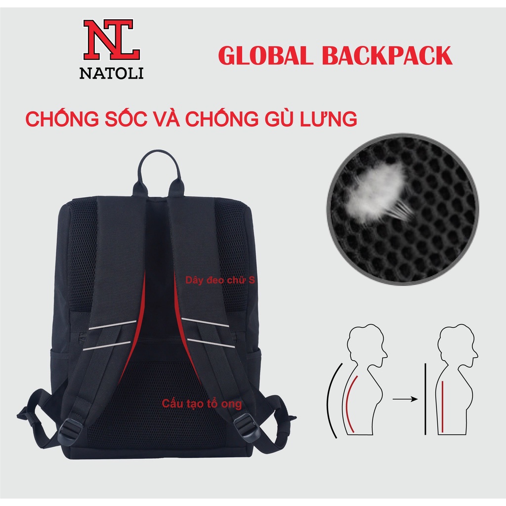 Balo Laptop 15 6 Inch Chống Sốc Nam Nữ NATOLI Chống Nước Đi Học Thời Trang GLOBAL BACKPACK