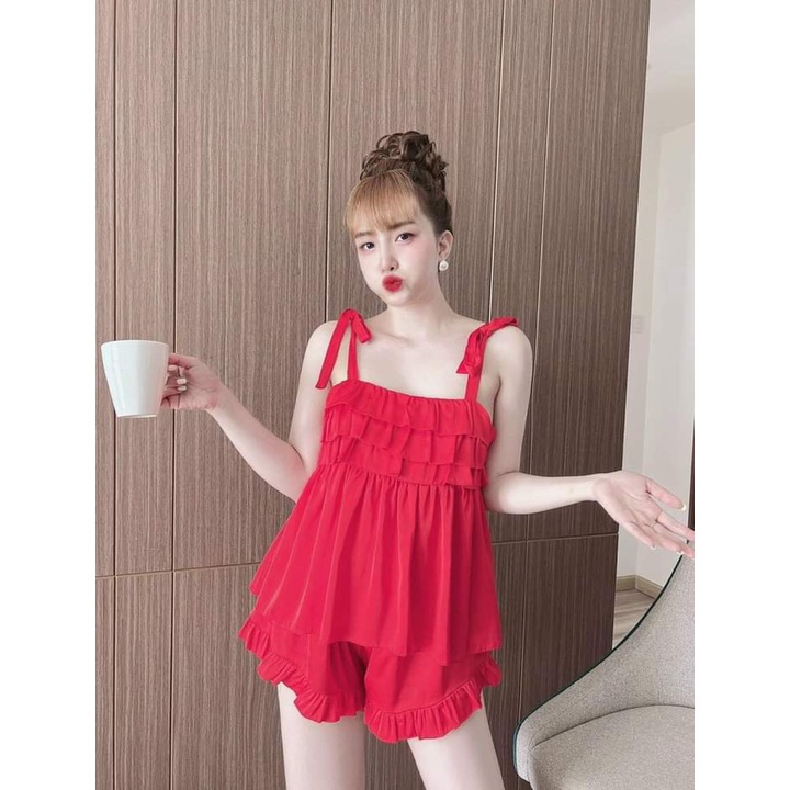 Đồ ngủ nữ sexy quần đùi, đồ ngủ 2 dây viền bèo, bộ ngủ lụa - CN08