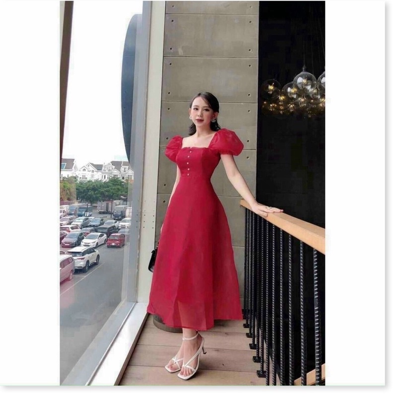 Đầm xòe tay phồng công chúa phối nút ngực chất tơ siêu xinh