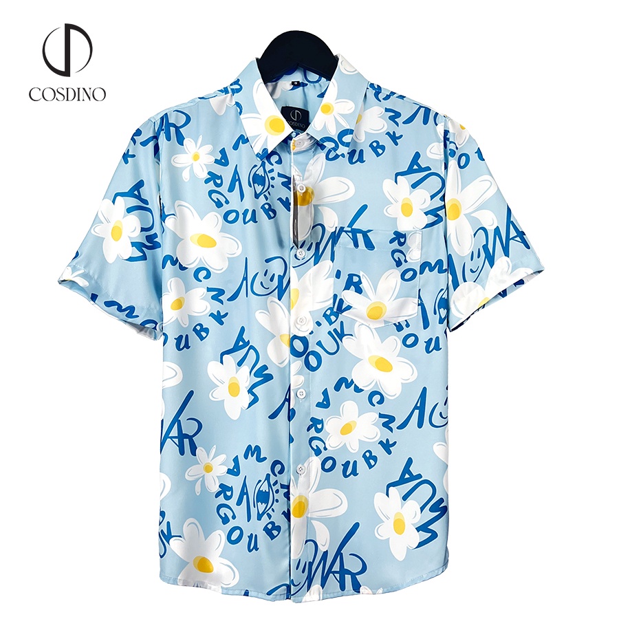 Áo sơ mi nam hoạ tiết Blue Summer COSDINO tay ngắn vải lụa thấm hút, thoáng mát, không nhăn (CD42)