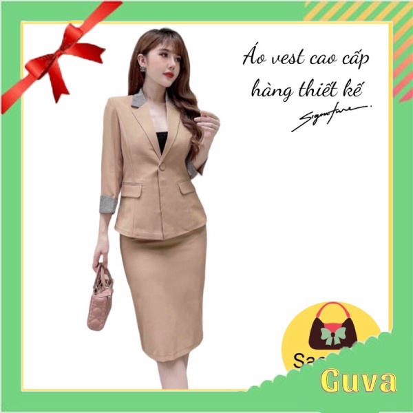 Áo vest nữ tay lỡ dáng áo vét ngắn cổ áo thiết kế pha kẻ trẻ trung lịch sự
