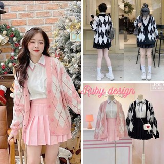 Áo khoác len nữ , áo khoác cardigan nữ họa tiết kim cương nổi bật cổ tim V dáng rộng Ulzzang hàng QC - Ruby Design