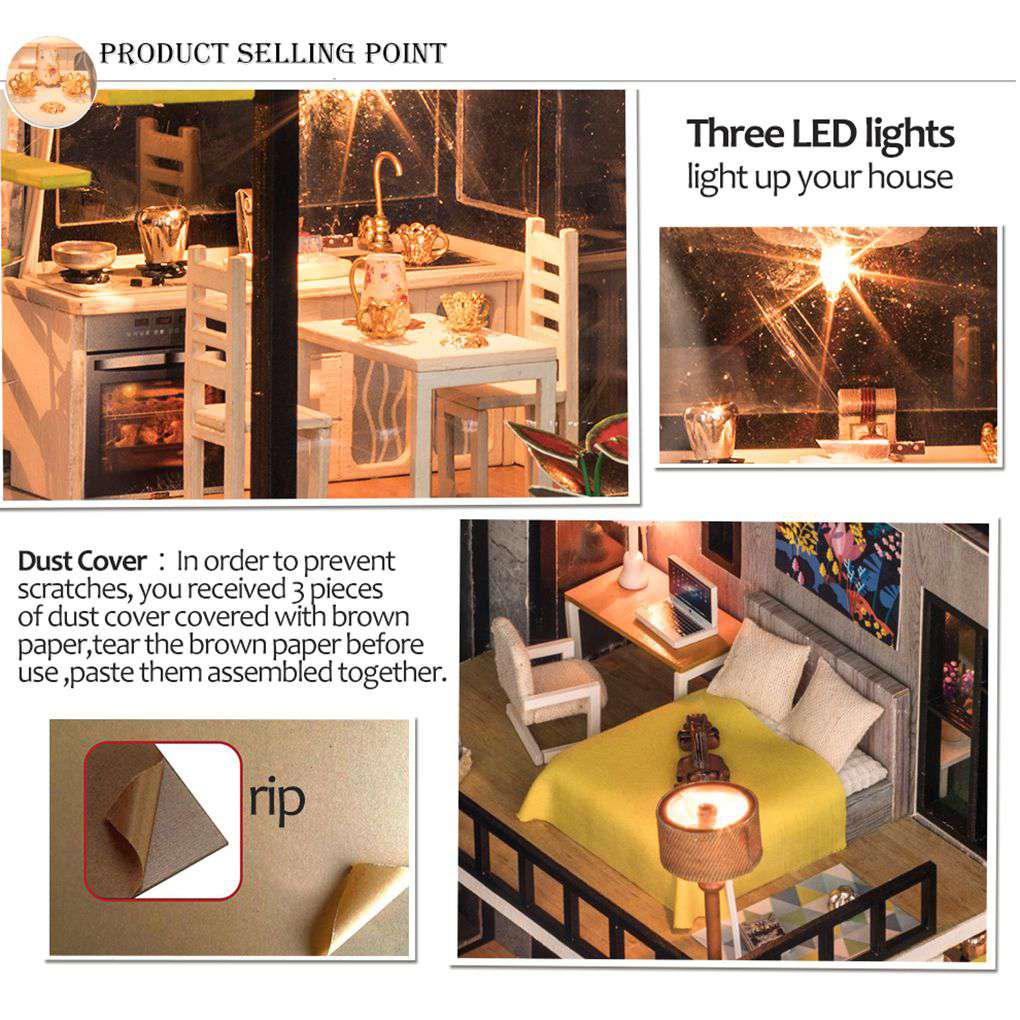 Mô Hình Ngôi Nhà Búp Bê Bằng Gỗ Có Đèn LED DIY