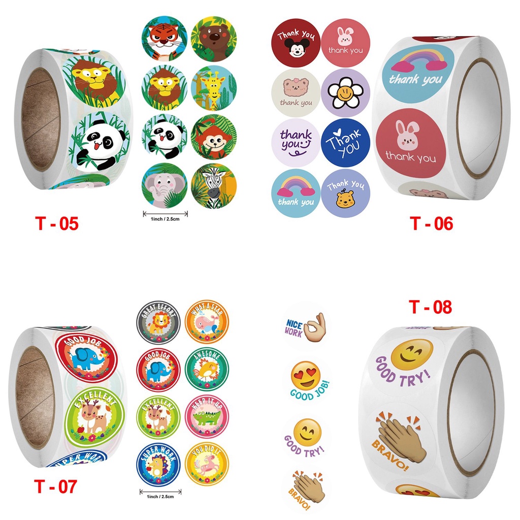 Cuộn 500 miếng dán hoạt hình ngộ nghĩnh, tem dán sticker thank you gói hàng, quà tặng