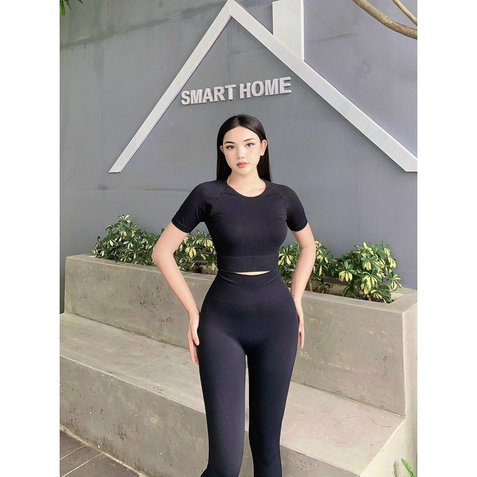 Đồ tập gym yoga thể thao nữ, set bộ dệt kim áo crop ngắn tay quần dài chun mông cao cấp Bin Sports BD183