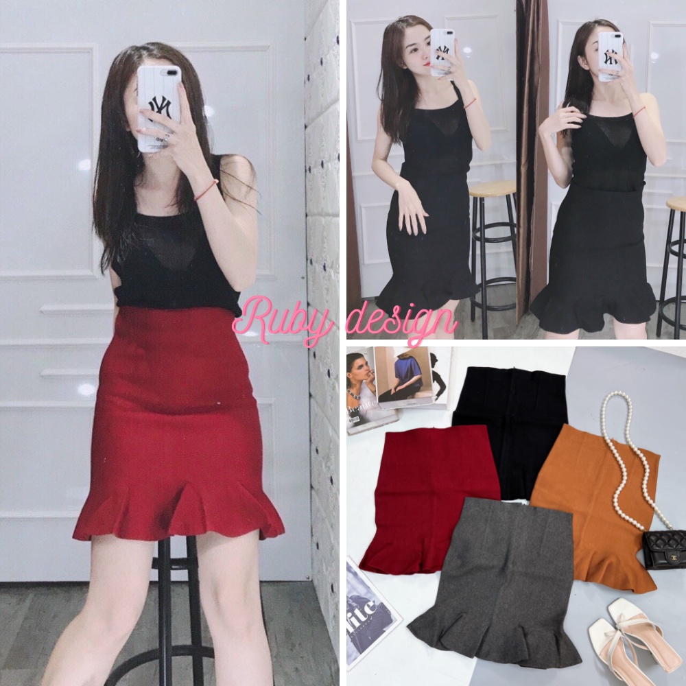 Chân váy len đuôi cá chất len co giãn dây kéo sau màu đen xám bò đô phong cách Hàn Quốc - Ruby design