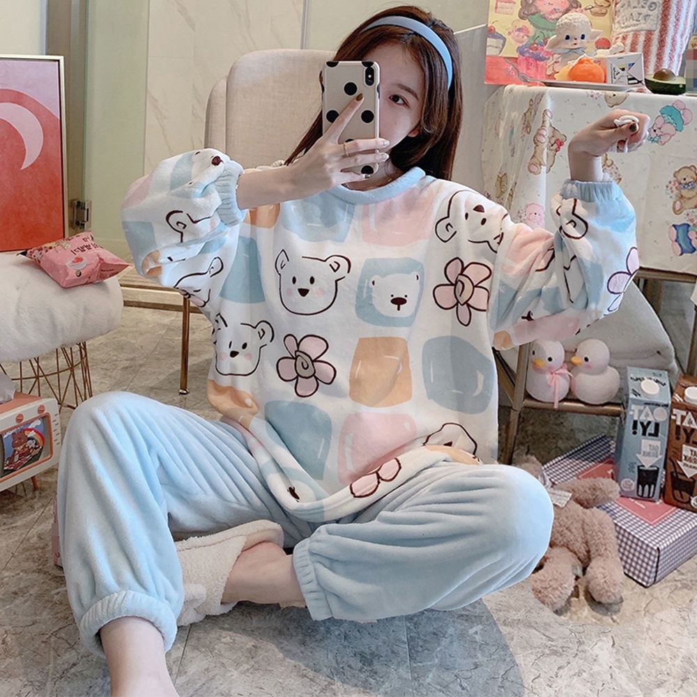 Trẻ con gái. [Bán Chạy Thành Phố Nóng Bỏng | Bộ Đồ Ngủ Lông Cừu San Hô Dày Dặn Cỡ Lớn Nhiều Lựa Chọn Thời Trang Thu Đông Cho Nữ