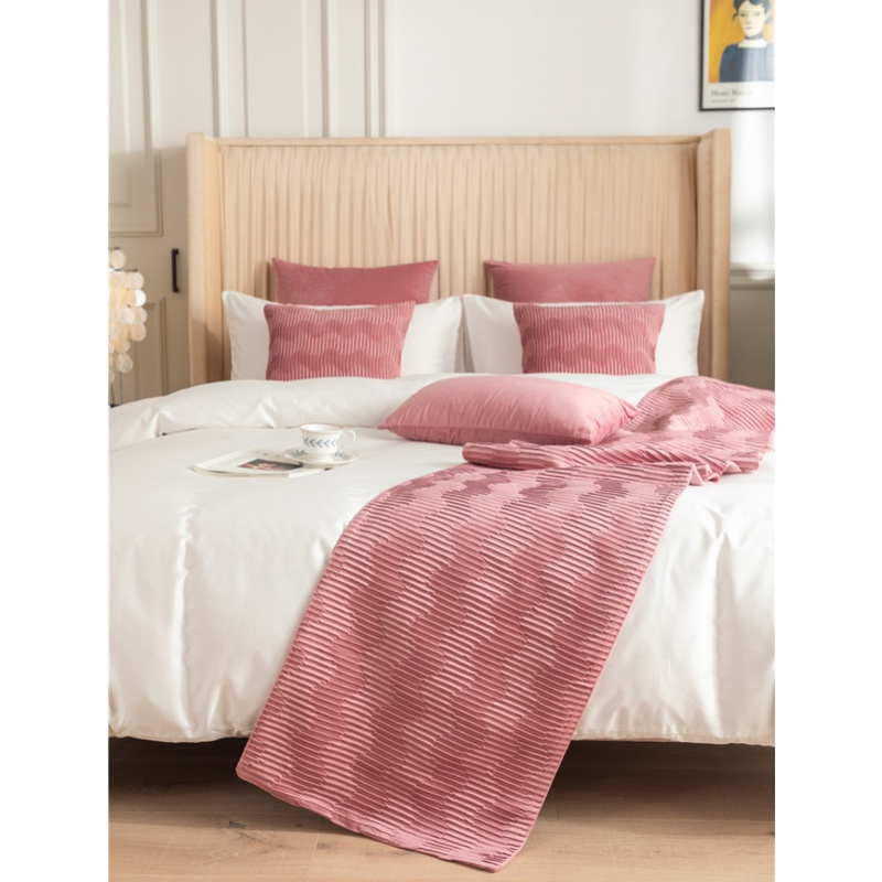 Khăn Trải Giường Hai Mặt Bằng Vải Nhung Màu Trơn Họa Tiết Lượn Sóng Phong Cách Bắc Âu