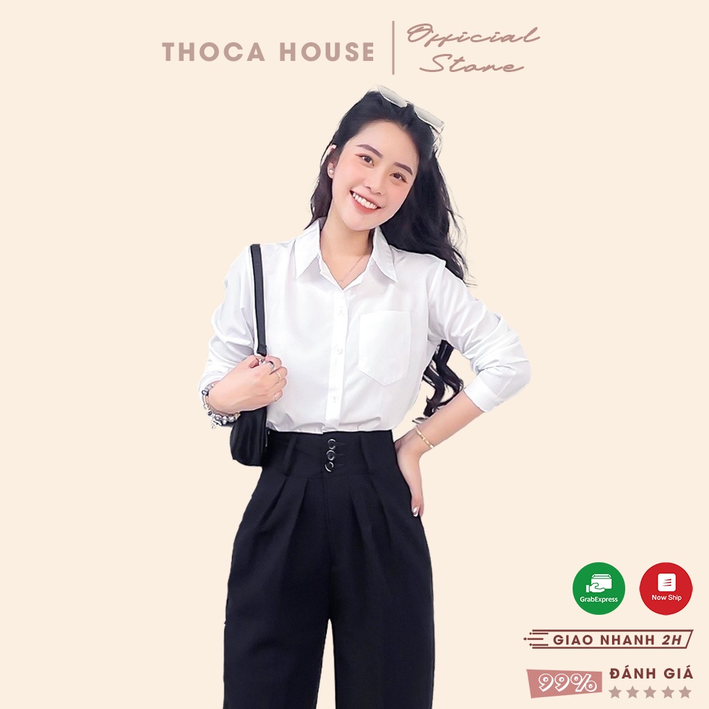 Áo sơ mi nữ trắng tay dài basic túi bên THOCA HOUSE thanh lịch, chuẩn form cơ bản, vải cao cấp thoáng mát