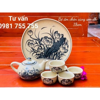 Đồ thờ cúng,bộ trà cúng 5 chén,bộ ấm chén vẽ sen men rạn bát tràng hàng loại 1