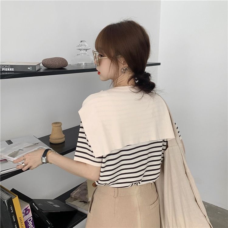 Áo Thun Tay Ngắn Cổ Tròn Họa Tiết Kẻ Sọc Thời Trang Mùa Hè Xinh Xắn Cho Nữ