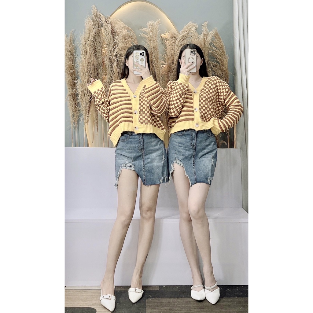 Áo khoác len vàng cadigan họa tiết  kẻ ngang pha kẻ ô style Hàn Quốc thời trang thu đông Trần Hân Shop  2005939