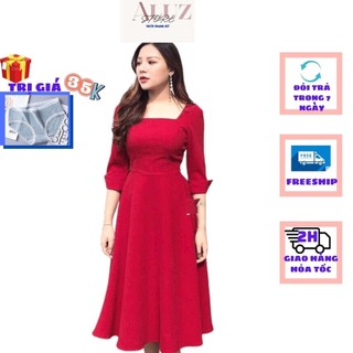 Đầm Nữ Dáng Đầm Xòe Màu Đỏ Tay Lỡ Cổ Vuông Vải Thun Cát Nhật Freesize từ 45 Đến 58kg ALUZ STORE