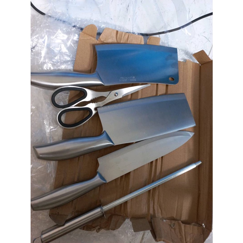 Bộ dao kéo Nhật inox 6 món đúc nguyên khối cao cấp sử dụng cho nhà bếp, kháng khuẩn tốt - tặng kèm bộ để dao thớt A18