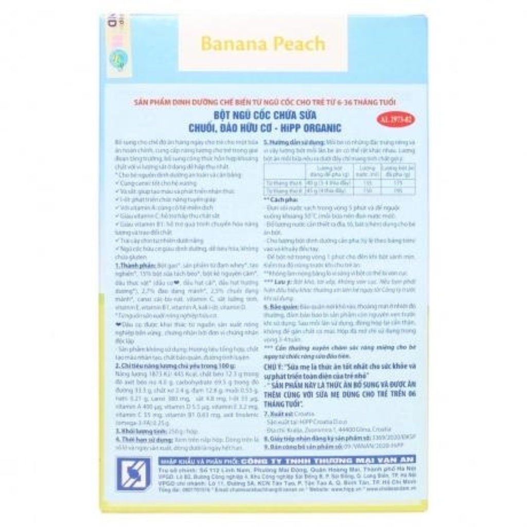 Bột ngũ cốc chứa sữa Chuối, đào hữu cơ HiPP Organic cho bé từ 6-36 tháng tuổi