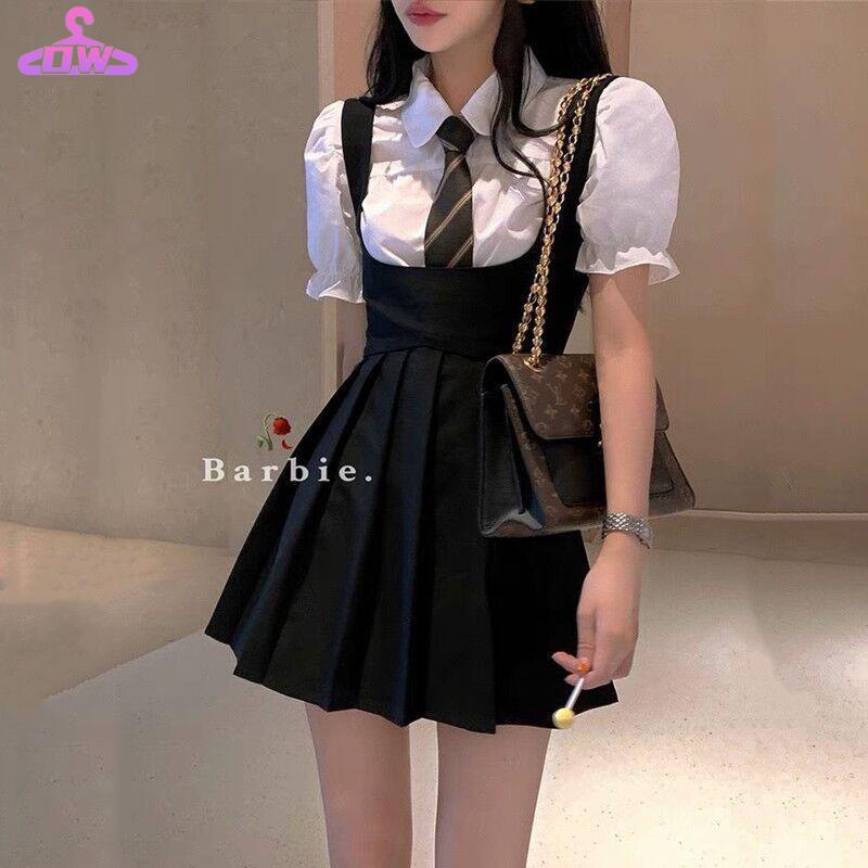 Váy yếm Bộ Đồng Phục Gồm Áo Sơ Mi Tay Phồng Kèm Chân Váy Xếp Ly Màu Đen Dành Cho Nữ