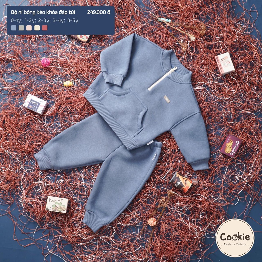 COOKIE Bộ nỉ bông hoodie kéo khóa