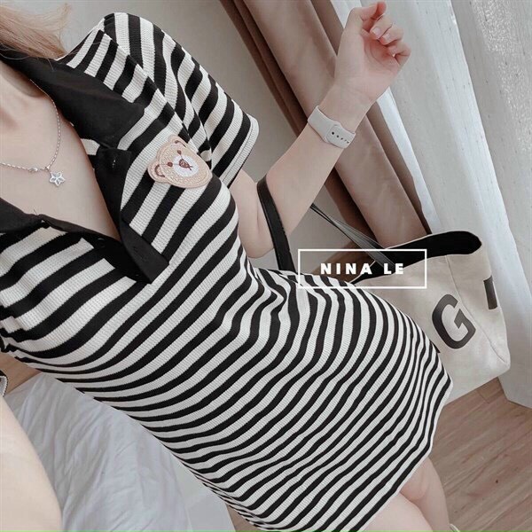 Đầm thun body kẻ sọc thêu gấu đáng yêu, váy suông đơn giản mặc ở nhà, đi chơi kèm ảnh thật chất vải