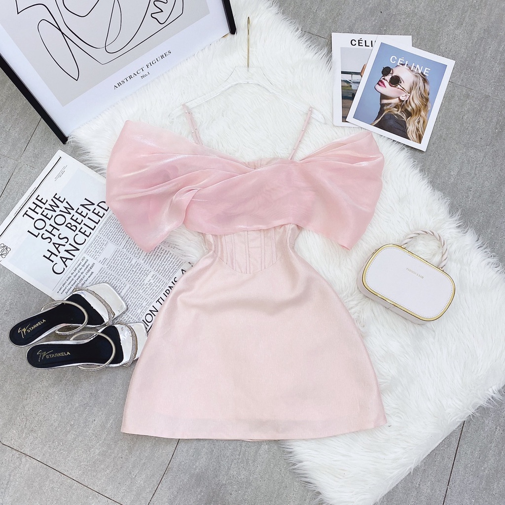 ĐẦM HỒNG 2 DÂY RỚT VAI CHIẾT EO XOĂN NGỰC