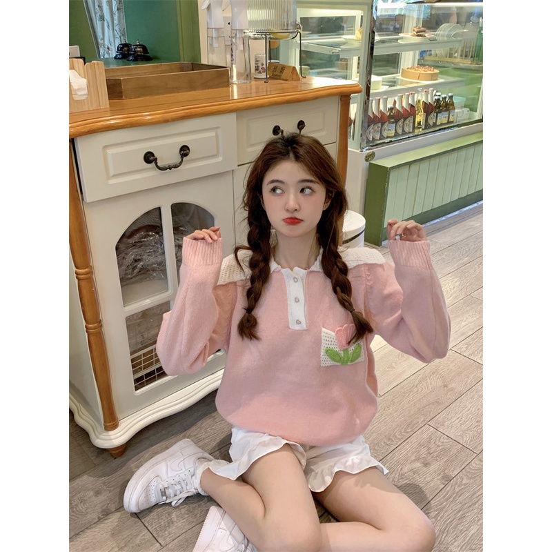 Jiashucheng Áo Sweater Tay Dài Màu Sắc Tương Phản Phong Cách Nhật Bản Thời Trang Thu Đông Cho Nữ Sinh