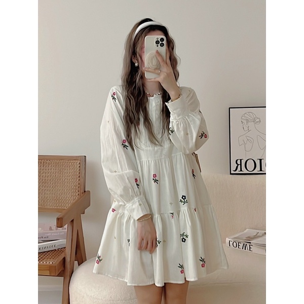 Váy - Đầm babydoll hoa nhí LINIEN dài tay dáng xoè xếp li cúc dọc