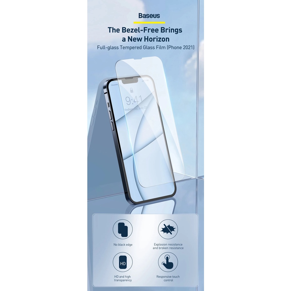 KÍNH FULL MÀN không viền đen KÈM KHUNG TRỢ DÁN BASEUS cho iPHONE 13 -> 14 PROMAX
