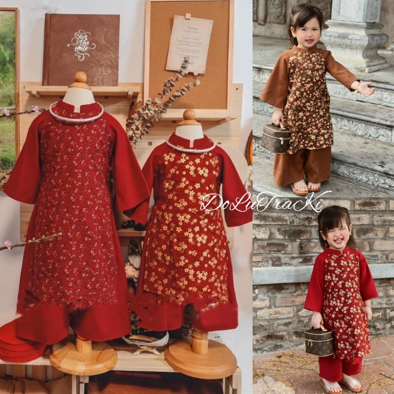 Áo dài  cách tân hoa nhí nhung tăm  xinh xắn bé gái