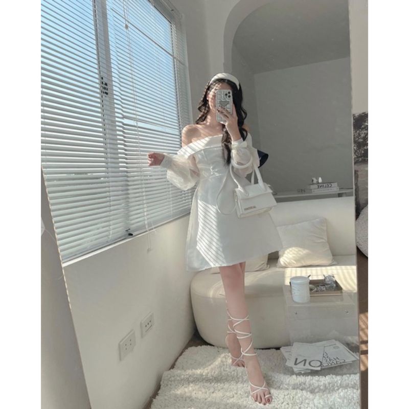 ❤❤Váy xòe trễ vai tay tơ nơ bánh bèo💯💯