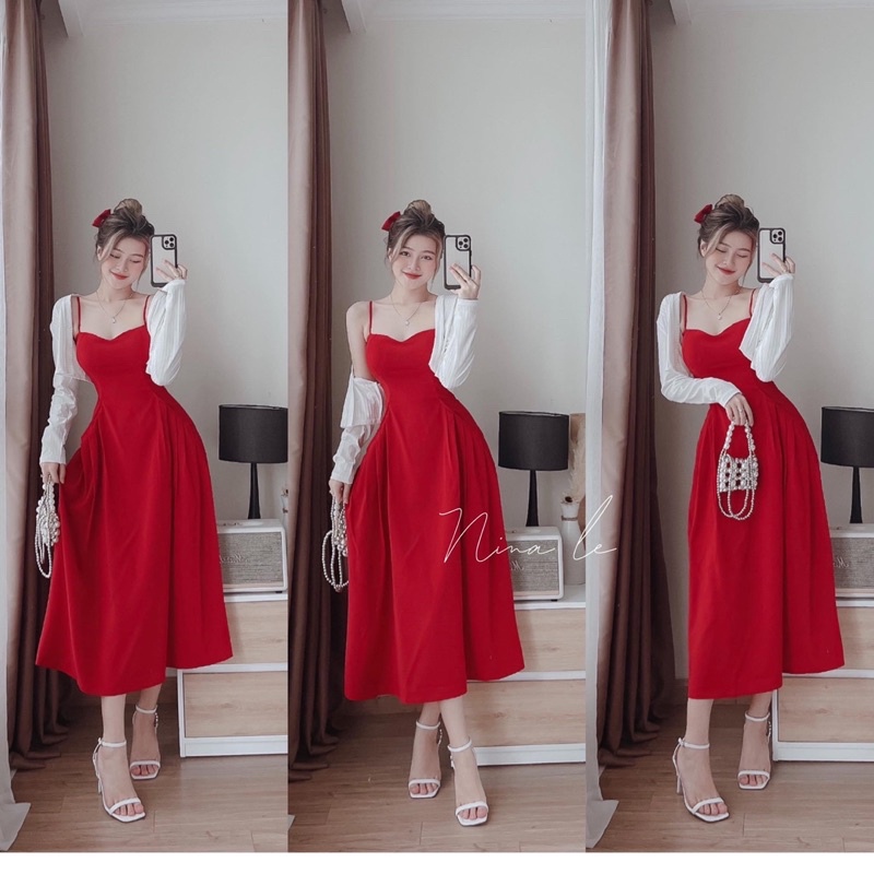 Set đầm maxi 2s đỏ + áo khoác