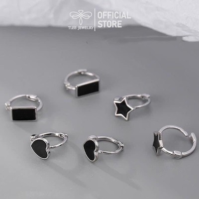 Bông tai bạc TLEE tròn chốt bấm hình khối sơn đen cá tính TLEE JEWELRY B0288