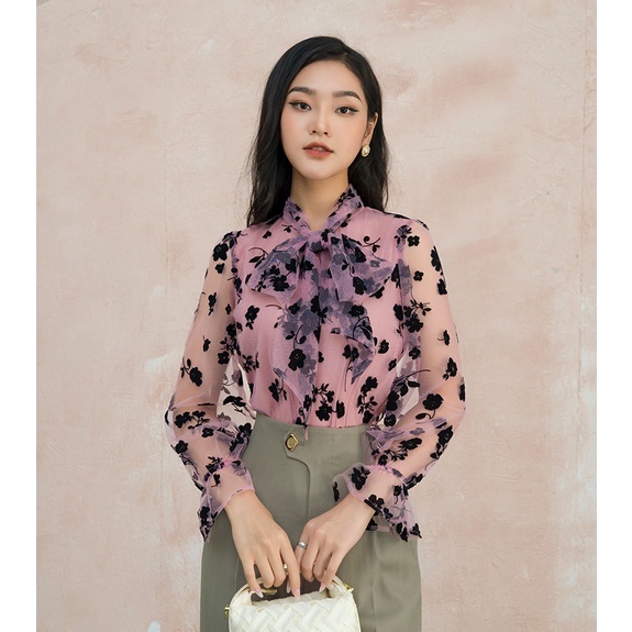 Áo sơ mi dài tay phối nơ, họa tiết hoa hồng đen sang trọng Orchid GT4S535