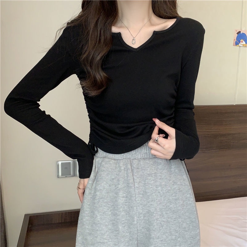 Áo Thun Dài Tay Phối Dây Rút Thời Trang Mùa Thu Cho Nữ