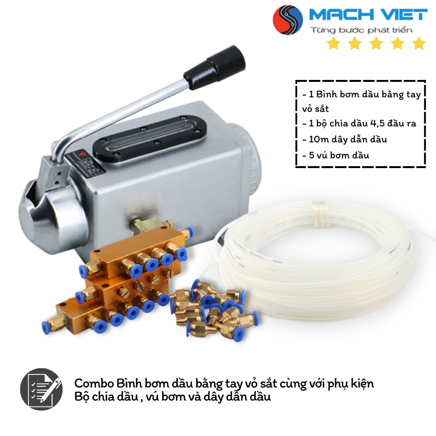 Combo Bình bơm dầu Bằng tay vỏ sắt kèm phụ kiện ( 5 vú bơm , 1 bộ chia , 10m dây dẫn dầu ) Giá rẻ