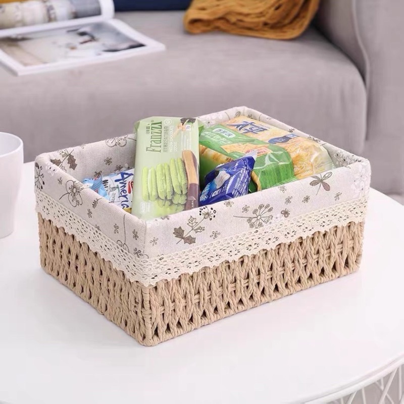 Giỏ cói lót vải hoa nhí đựng đồ mỹ phẩm, phụ kiện, đi picnic, giỏ mây decor trang trí nhà cửa phong cách vintage