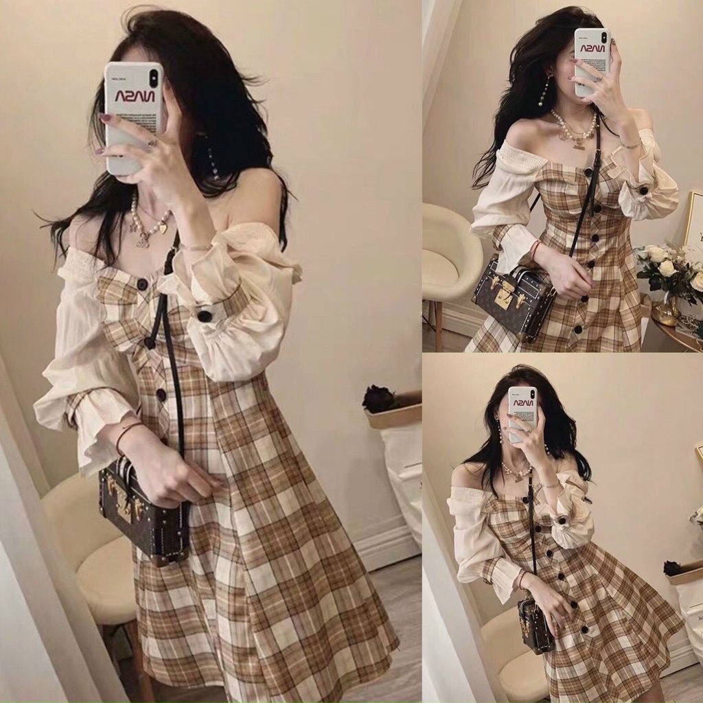 Đầm Váy Nữ Caro Cài Nút Thật Phối Tay Dài Bèo ( Có Mút Ngực ) Thời Trang Kiểu Cách Đi Chơi, Đi Dự Tiệc Hoặc Công Sở