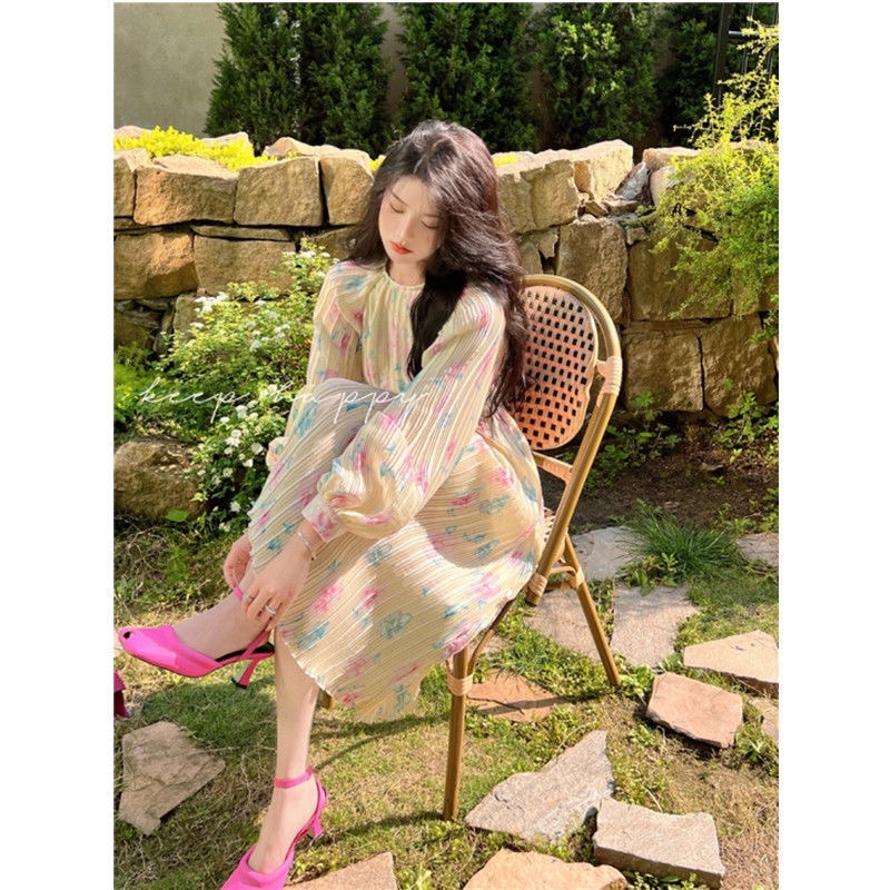 Váy maxi hoa xếp ly nhỏ pure desire pháp eo nhỏ cao cấp khí chất nhẹ nhàng như gió mùa xuân thu 2022