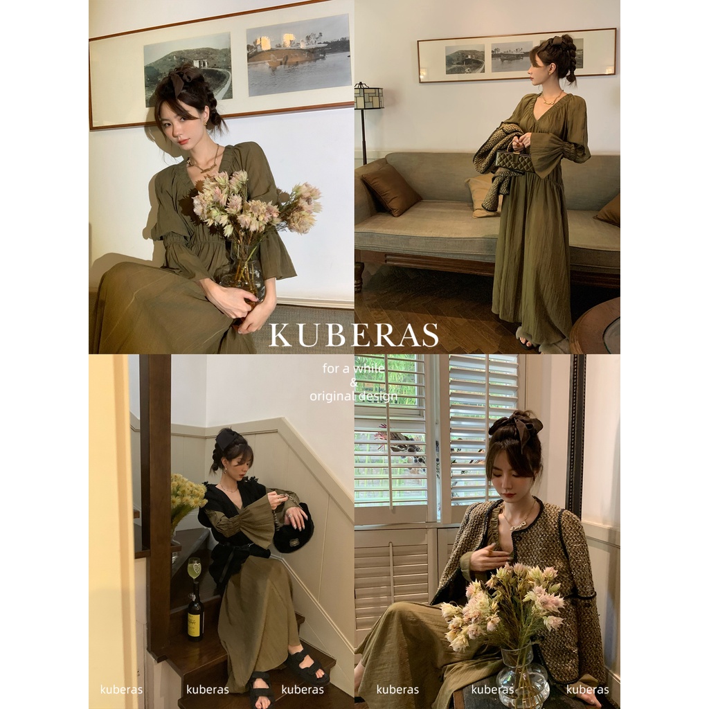 Đầm midi cổ chữ V xếp ly phong cách Pháp thanh lịch cho nữ